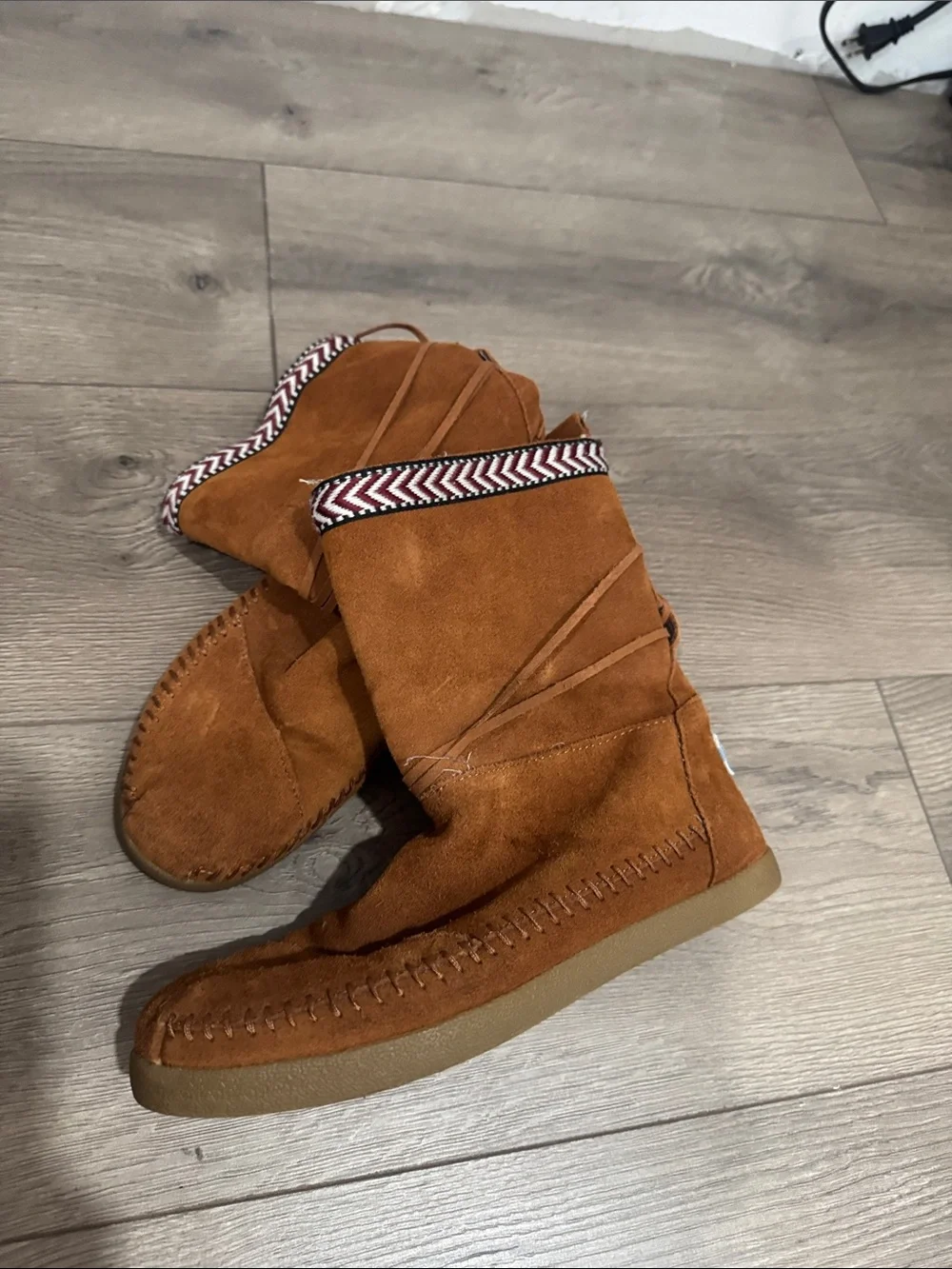 Toms Suede Moccasin Boot in Chestnut Brown with Patterned Trim